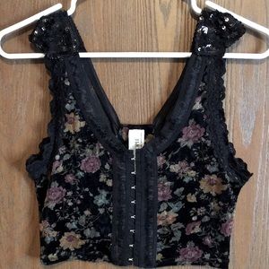 Free people gypsy boho witchy velvet floral sequin corset style cropped tank top